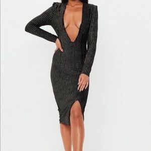 Black Metallic Stripe Plunge Dress